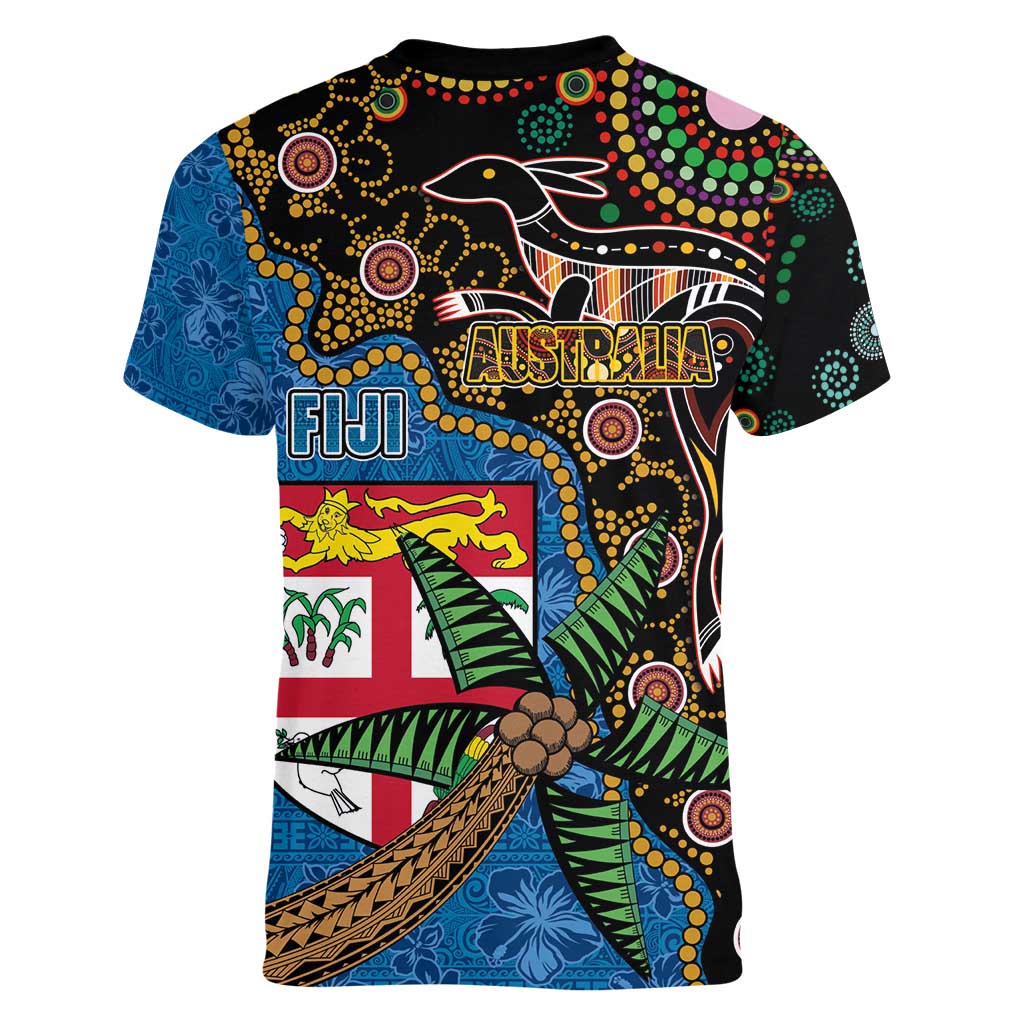 Fijian and Australian Culture Together Women V-Neck T-Shirt Aboriginal Art and Tapa Motifs with Kangaroo and Palm Tree - Polynesian Pride