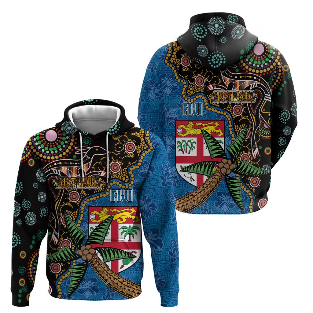Fijian and Australian Culture Together Zip Hoodie Aboriginal Art and Tapa Motifs with Kangaroo and Palm Tree - Polynesian Pride