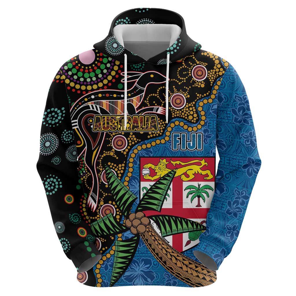 Fijian and Australian Culture Together Zip Hoodie Aboriginal Art and Tapa Motifs with Kangaroo and Palm Tree - Polynesian Pride
