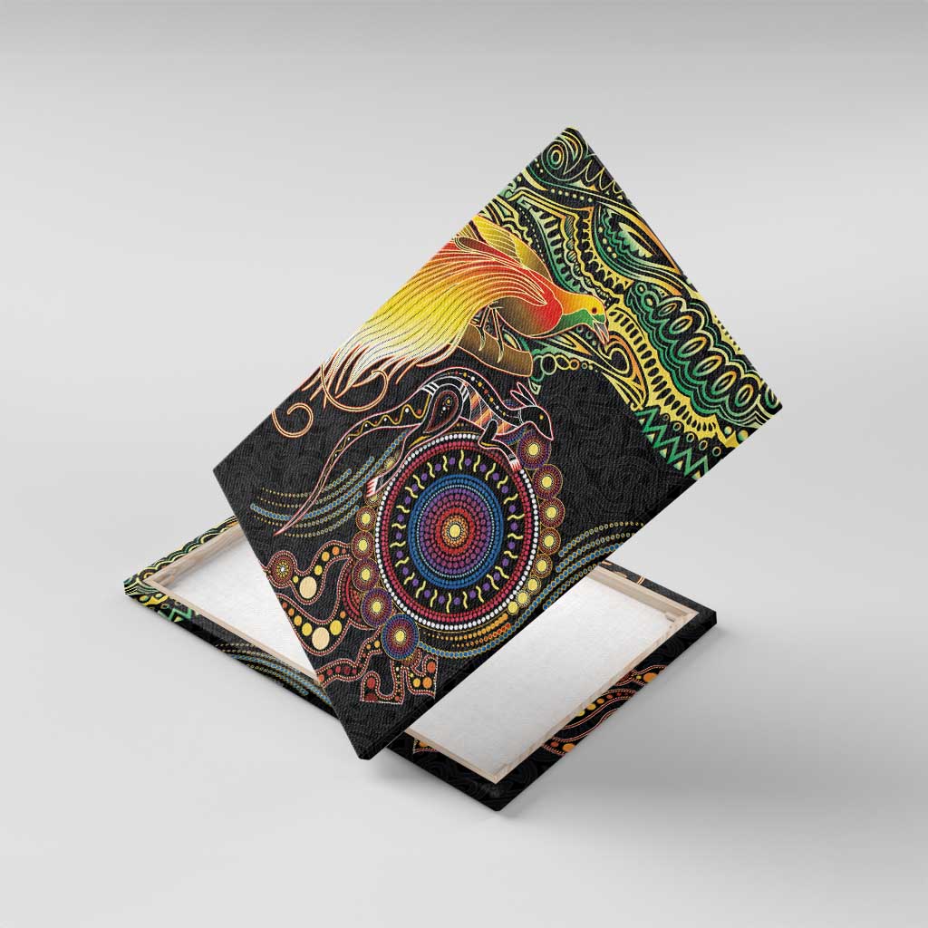 Papua New Guinea and Australia Together Canvas Wall Art Bird of Paradise and Kangaroo Melanesian Aboriginal Motifs LT03 With Frame Black - Polynesian Pride