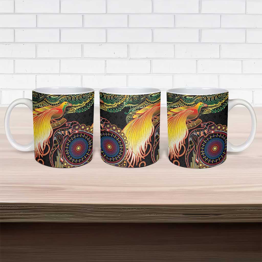 Papua New Guinea and Australia Together Ceramic Mug Bird of Paradise and Kangaroo Melanesian Aboriginal Motifs - Polynesian Pride