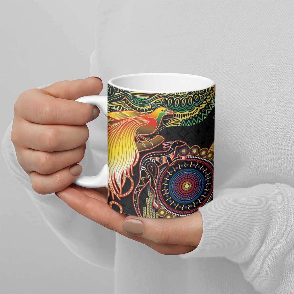 Papua New Guinea and Australia Together Ceramic Mug Bird of Paradise and Kangaroo Melanesian Aboriginal Motifs - Polynesian Pride