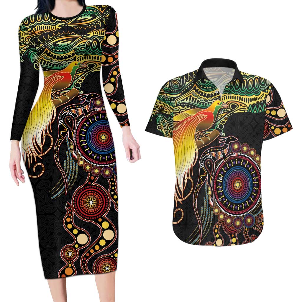 Papua New Guinea and Australia Together Couples Matching Long Sleeve Bodycon Dress and Hawaiian Shirt Bird of Paradise and Kangaroo Melanesian Aboriginal Motifs - Polynesian Pride