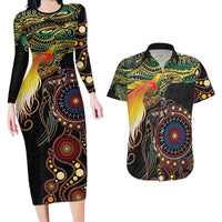 Papua New Guinea and Australia Together Couples Matching Long Sleeve Bodycon Dress and Hawaiian Shirt Bird of Paradise and Kangaroo Melanesian Aboriginal Motifs - Polynesian Pride