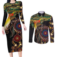 Papua New Guinea and Australia Together Couples Matching Long Sleeve Bodycon Dress and Long Sleeve Button Shirt Bird of Paradise and Kangaroo Melanesian Aboriginal Motifs LT03 Black - Polynesian Pride