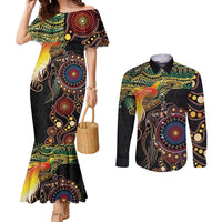 Papua New Guinea and Australia Together Couples Matching Mermaid Dress and Long Sleeve Button Shirt Bird of Paradise and Kangaroo Melanesian Aboriginal Motifs LT03 Black - Polynesian Pride