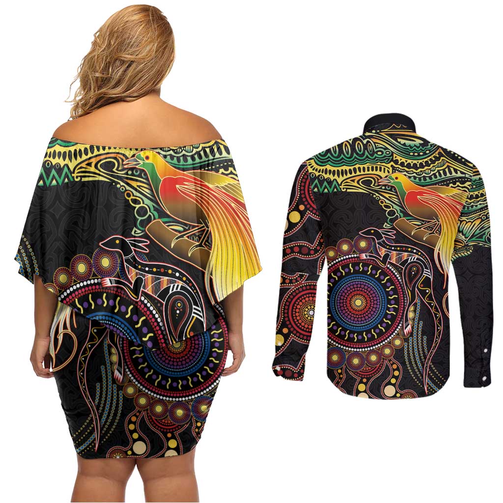 Papua New Guinea and Australia Together Couples Matching Off Shoulder Short Dress and Long Sleeve Button Shirt Bird of Paradise and Kangaroo Melanesian Aboriginal Motifs LT03 - Polynesian Pride