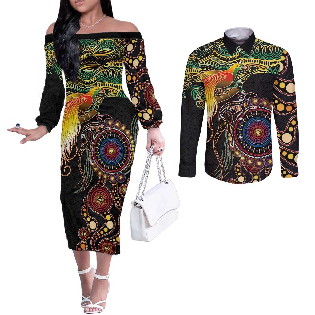 Papua New Guinea and Australia Together Couples Matching Off The Shoulder Long Sleeve Dress and Long Sleeve Button Shirt Bird of Paradise and Kangaroo Melanesian Aboriginal Motifs LT03 Black - Polynesian Pride