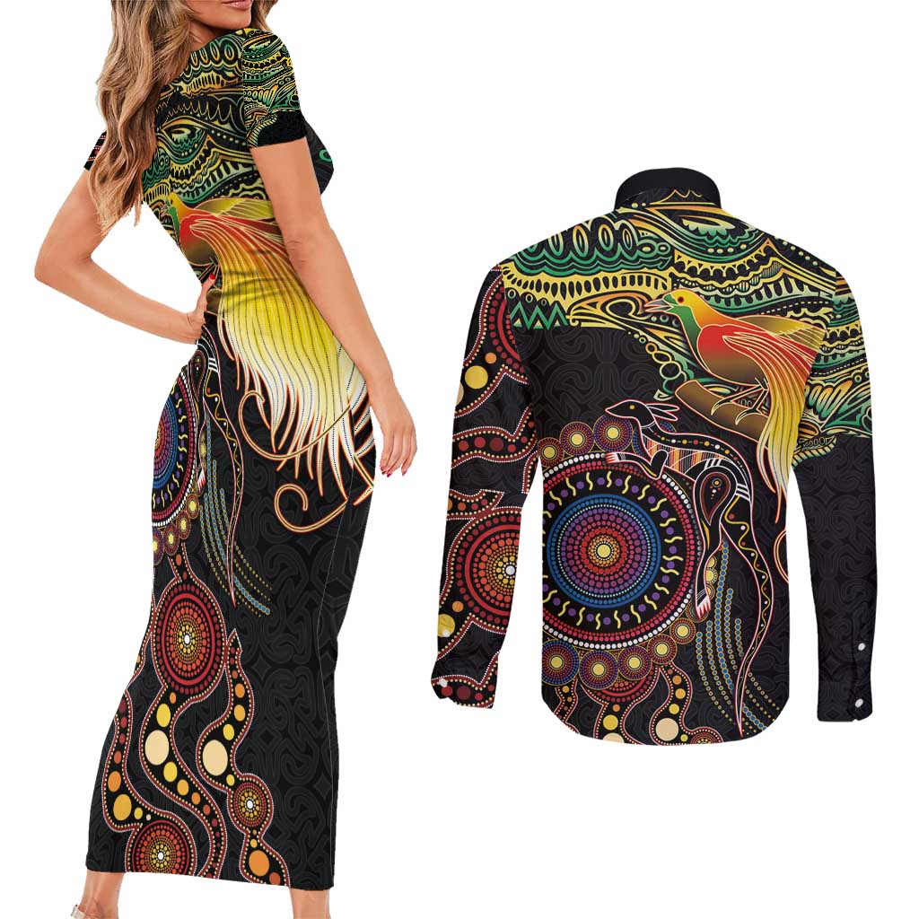 Papua New Guinea and Australia Together Couples Matching Short Sleeve Bodycon Dress and Long Sleeve Button Shirt Bird of Paradise and Kangaroo Melanesian Aboriginal Motifs LT03 - Polynesian Pride