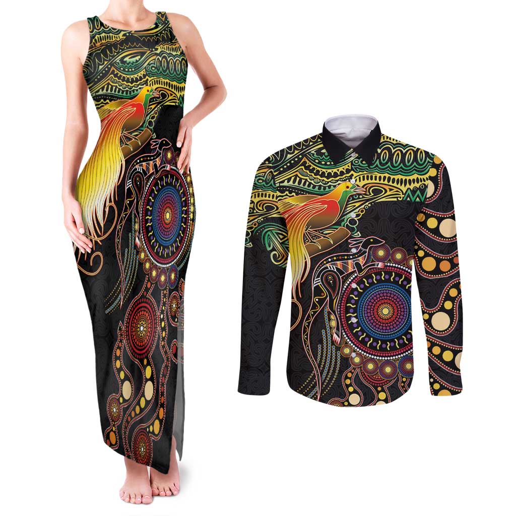 Papua New Guinea and Australia Together Couples Matching Tank Maxi Dress and Long Sleeve Button Shirt Bird of Paradise and Kangaroo Melanesian Aboriginal Motifs LT03 Black - Polynesian Pride
