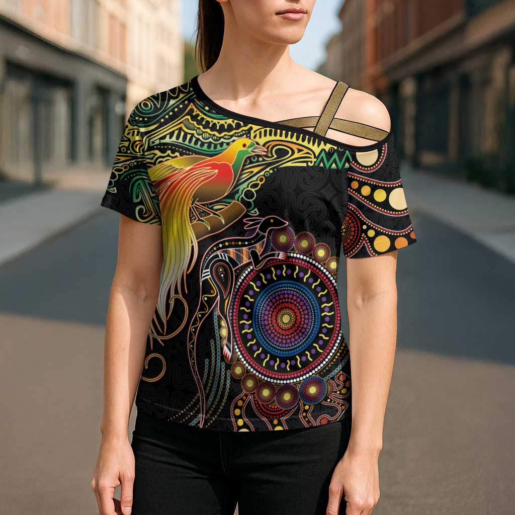 Papua New Guinea and Australia Together Cross Shoulder Shirt Bird of Paradise and Kangaroo Melanesian Aboriginal Motifs LT03 - Polynesian Pride