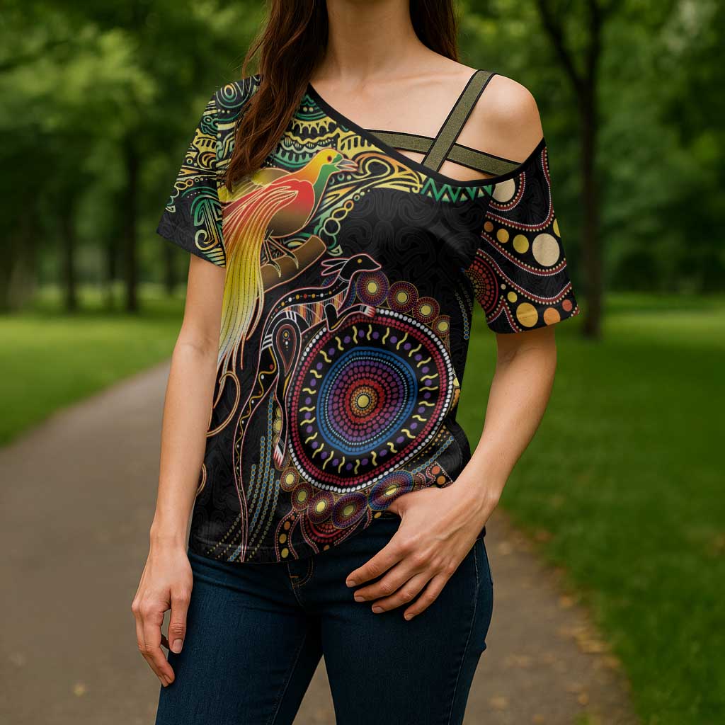 Papua New Guinea and Australia Together Cross Shoulder Shirt Bird of Paradise and Kangaroo Melanesian Aboriginal Motifs LT03 - Polynesian Pride