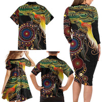 Papua New Guinea and Australia Together Family Matching Long Sleeve Bodycon Dress and Hawaiian Shirt Bird of Paradise and Kangaroo Melanesian Aboriginal Motifs - Polynesian Pride