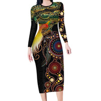 Papua New Guinea and Australia Together Family Matching Long Sleeve Bodycon Dress and Hawaiian Shirt Bird of Paradise and Kangaroo Melanesian Aboriginal Motifs - Polynesian Pride