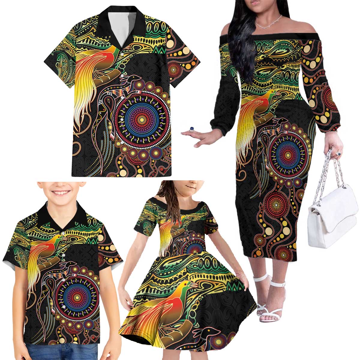 Papua New Guinea and Australia Together Family Matching Off The Shoulder Long Sleeve Dress and Hawaiian Shirt Bird of Paradise and Kangaroo Melanesian Aboriginal Motifs - Polynesian Pride