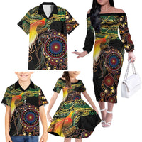 Papua New Guinea and Australia Together Family Matching Off The Shoulder Long Sleeve Dress and Hawaiian Shirt Bird of Paradise and Kangaroo Melanesian Aboriginal Motifs - Polynesian Pride