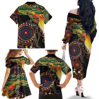 Papua New Guinea and Australia Together Family Matching Off The Shoulder Long Sleeve Dress and Hawaiian Shirt Bird of Paradise and Kangaroo Melanesian Aboriginal Motifs - Polynesian Pride