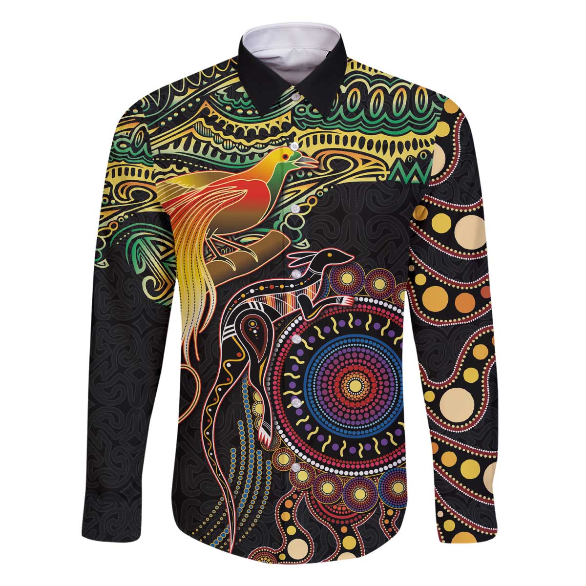 Papua New Guinea and Australia Together Family Matching Off The Shoulder Long Sleeve Dress and Hawaiian Shirt Bird of Paradise and Kangaroo Melanesian Aboriginal Motifs - Polynesian Pride