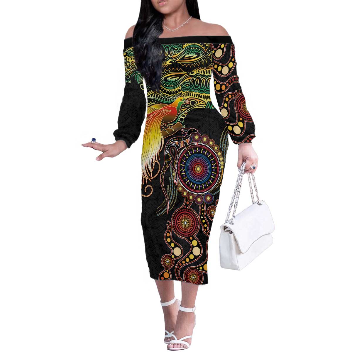 Papua New Guinea and Australia Together Family Matching Off The Shoulder Long Sleeve Dress and Hawaiian Shirt Bird of Paradise and Kangaroo Melanesian Aboriginal Motifs - Polynesian Pride