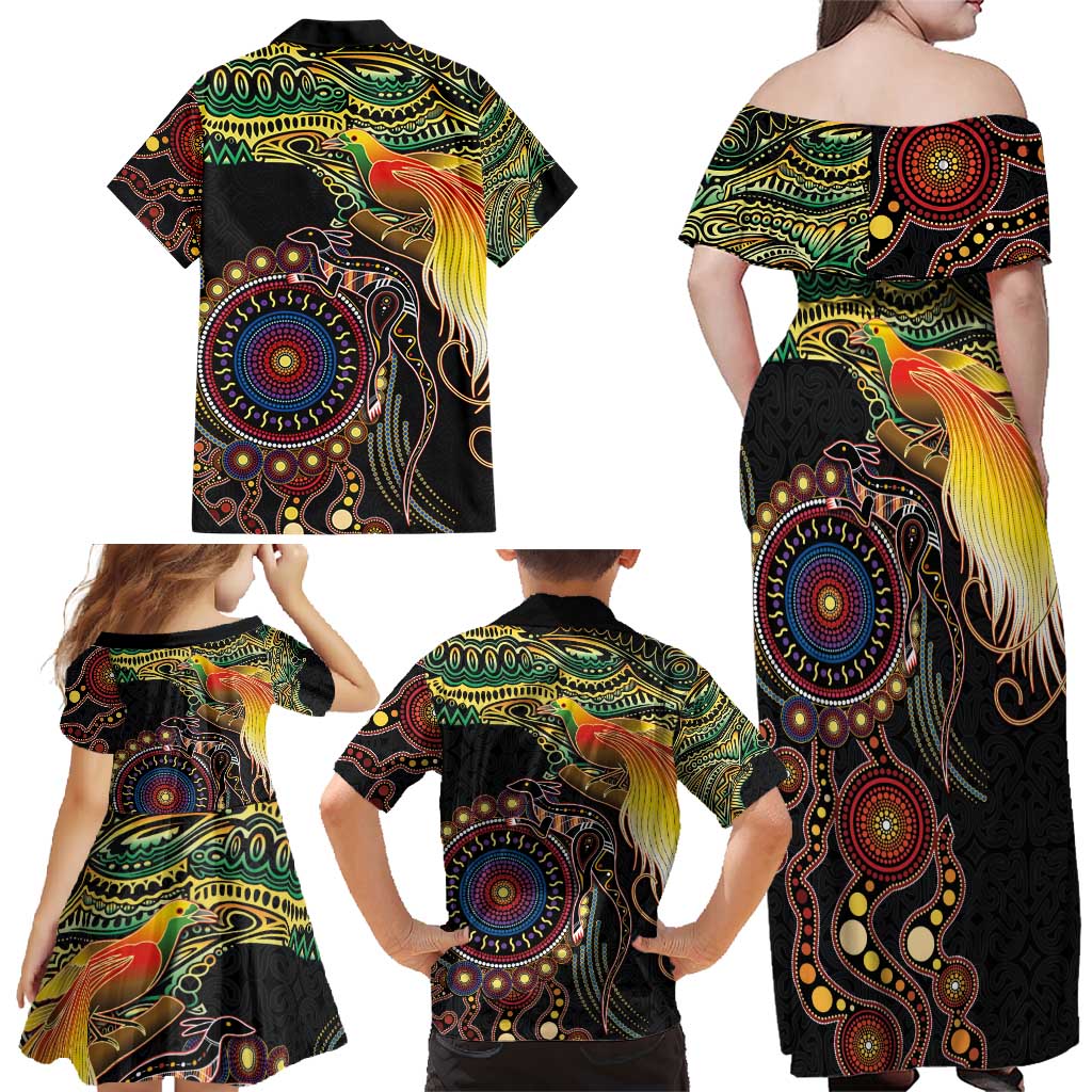 Papua New Guinea and Australia Together Family Matching Off Shoulder Maxi Dress and Hawaiian Shirt Bird of Paradise and Kangaroo Melanesian Aboriginal Motifs - Polynesian Pride