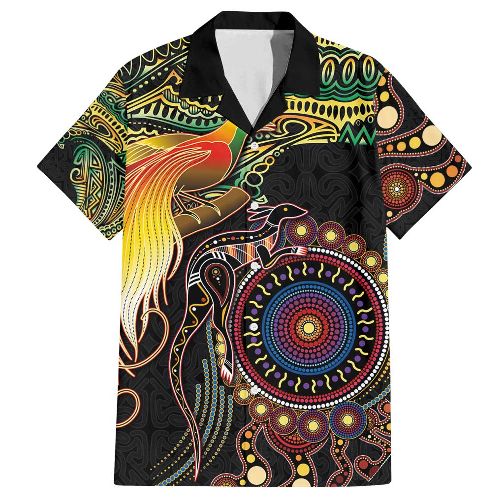 Papua New Guinea and Australia Together Family Matching Off Shoulder Maxi Dress and Hawaiian Shirt Bird of Paradise and Kangaroo Melanesian Aboriginal Motifs - Polynesian Pride