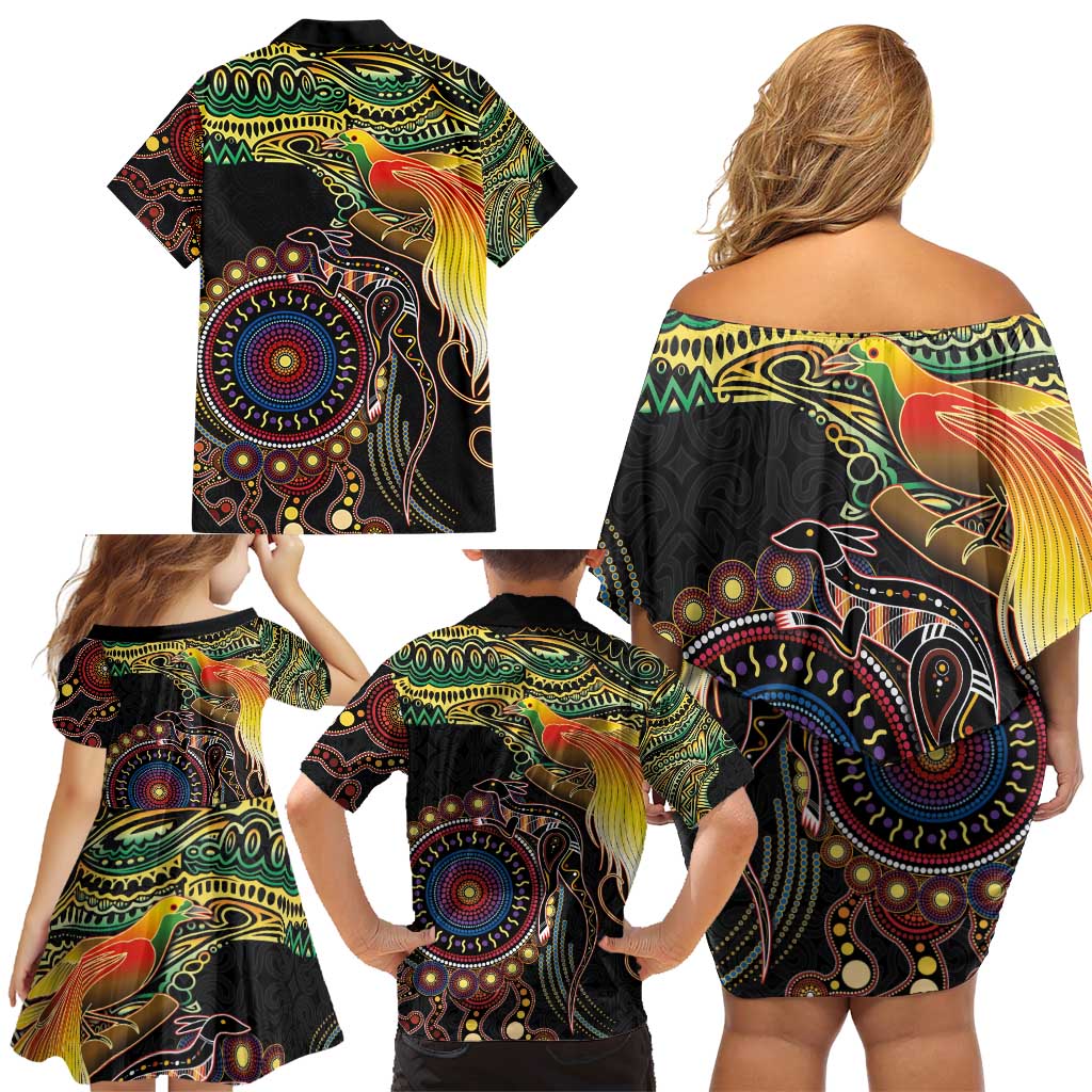 Papua New Guinea and Australia Together Family Matching Off Shoulder Short Dress and Hawaiian Shirt Bird of Paradise and Kangaroo Melanesian Aboriginal Motifs - Polynesian Pride