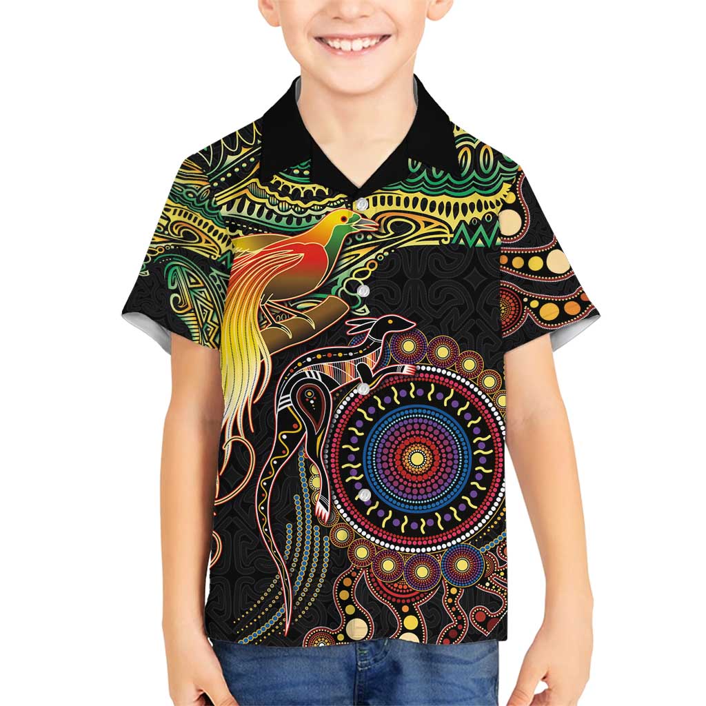 Papua New Guinea and Australia Together Family Matching Off Shoulder Short Dress and Hawaiian Shirt Bird of Paradise and Kangaroo Melanesian Aboriginal Motifs - Polynesian Pride