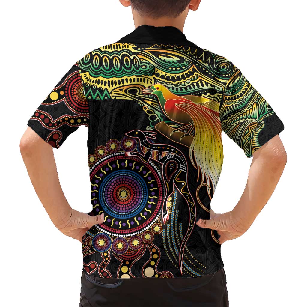 Papua New Guinea and Australia Together Family Matching Short Sleeve Bodycon Dress and Hawaiian Shirt Bird of Paradise and Kangaroo Melanesian Aboriginal Motifs - Polynesian Pride