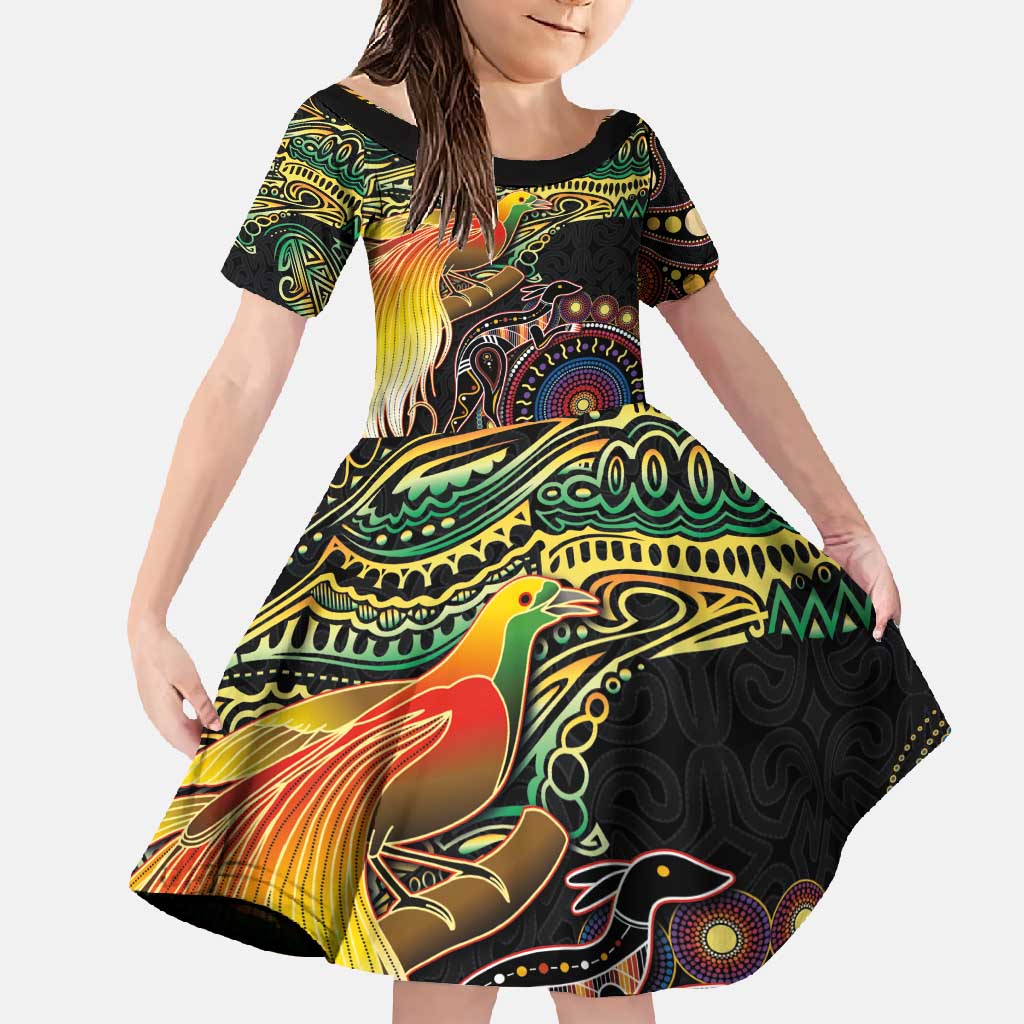 Papua New Guinea and Australia Together Family Matching Short Sleeve Bodycon Dress and Hawaiian Shirt Bird of Paradise and Kangaroo Melanesian Aboriginal Motifs - Polynesian Pride