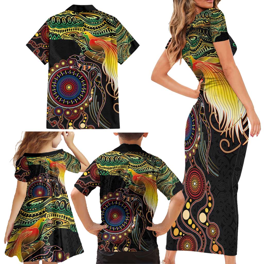Papua New Guinea and Australia Together Family Matching Short Sleeve Bodycon Dress and Hawaiian Shirt Bird of Paradise and Kangaroo Melanesian Aboriginal Motifs - Polynesian Pride