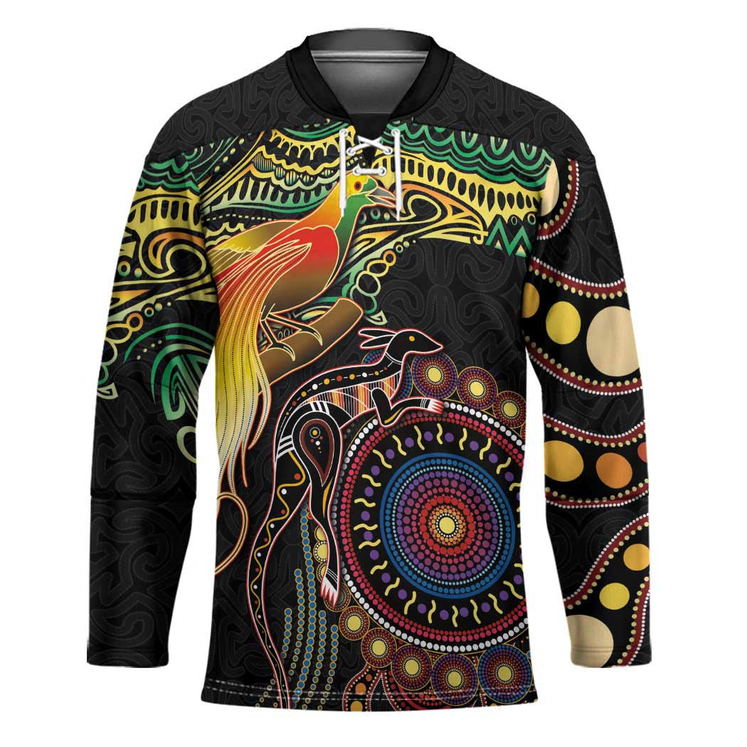 Papua New Guinea and Australia Together Hockey Jersey Bird of Paradise and Kangaroo Melanesian Aboriginal Motifs LT03 Unisex Black - Polynesian Pride