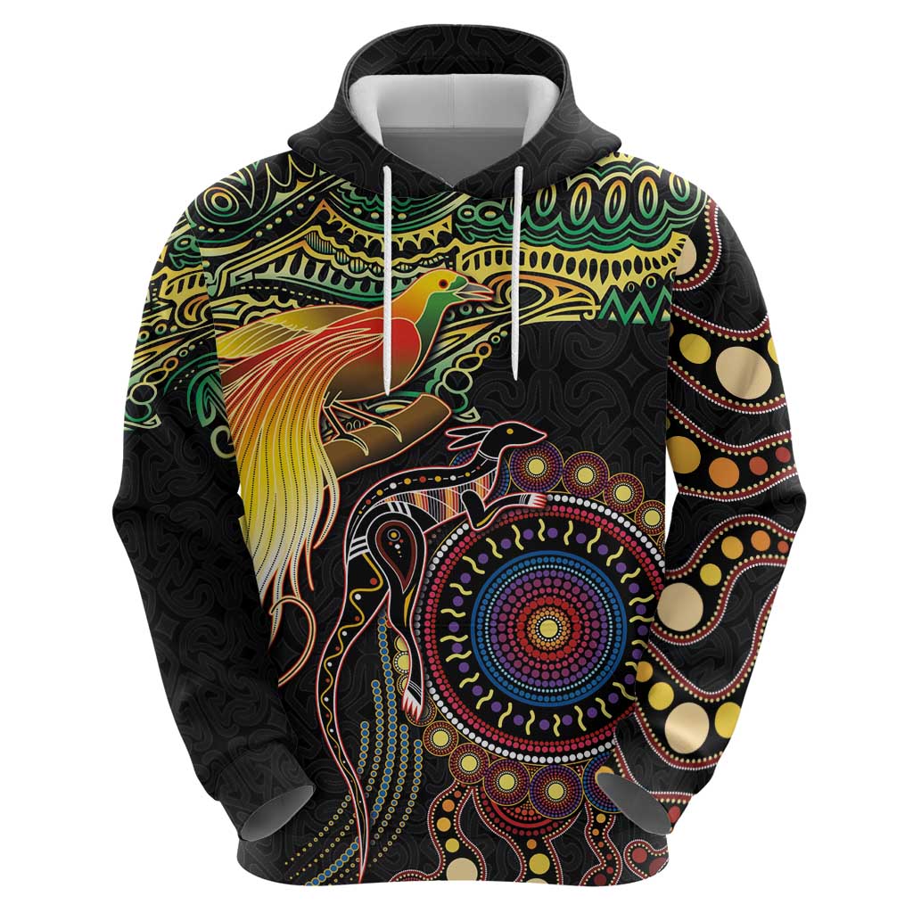 Papua New Guinea and Australia Together Hoodie Bird of Paradise and Kangaroo Melanesian Aboriginal Motifs - Polynesian Pride