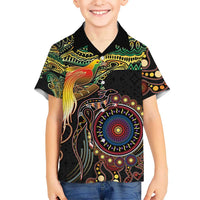 Papua New Guinea and Australia Together Kid Hawaiian Shirt Bird of Paradise and Kangaroo Melanesian Aboriginal Motifs LT03 Kid Black - Polynesian Pride