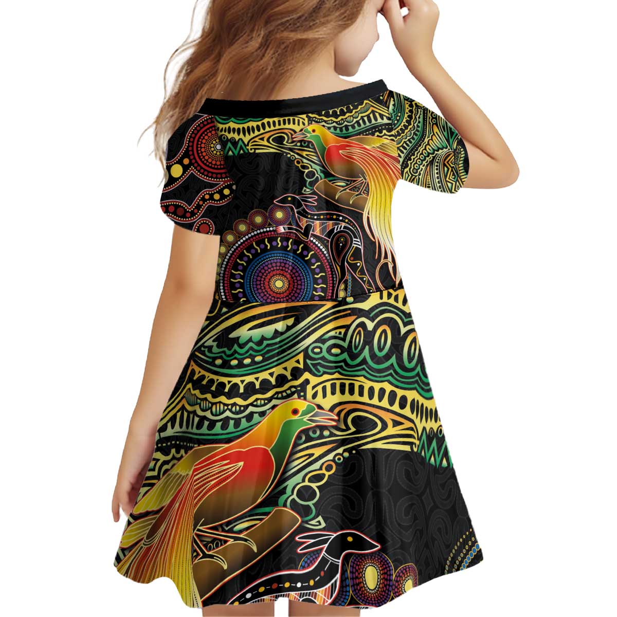 Papua New Guinea and Australia Together Kid Short Sleeve Dress Bird of Paradise and Kangaroo Melanesian Aboriginal Motifs LT03 - Polynesian Pride