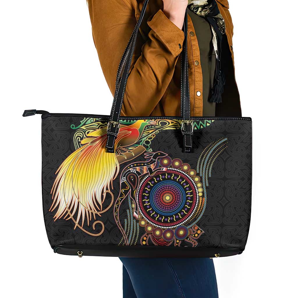 Papua New Guinea and Australia Together Leather Tote Bag Bird of Paradise and Kangaroo Melanesian Aboriginal Motifs - Polynesian Pride