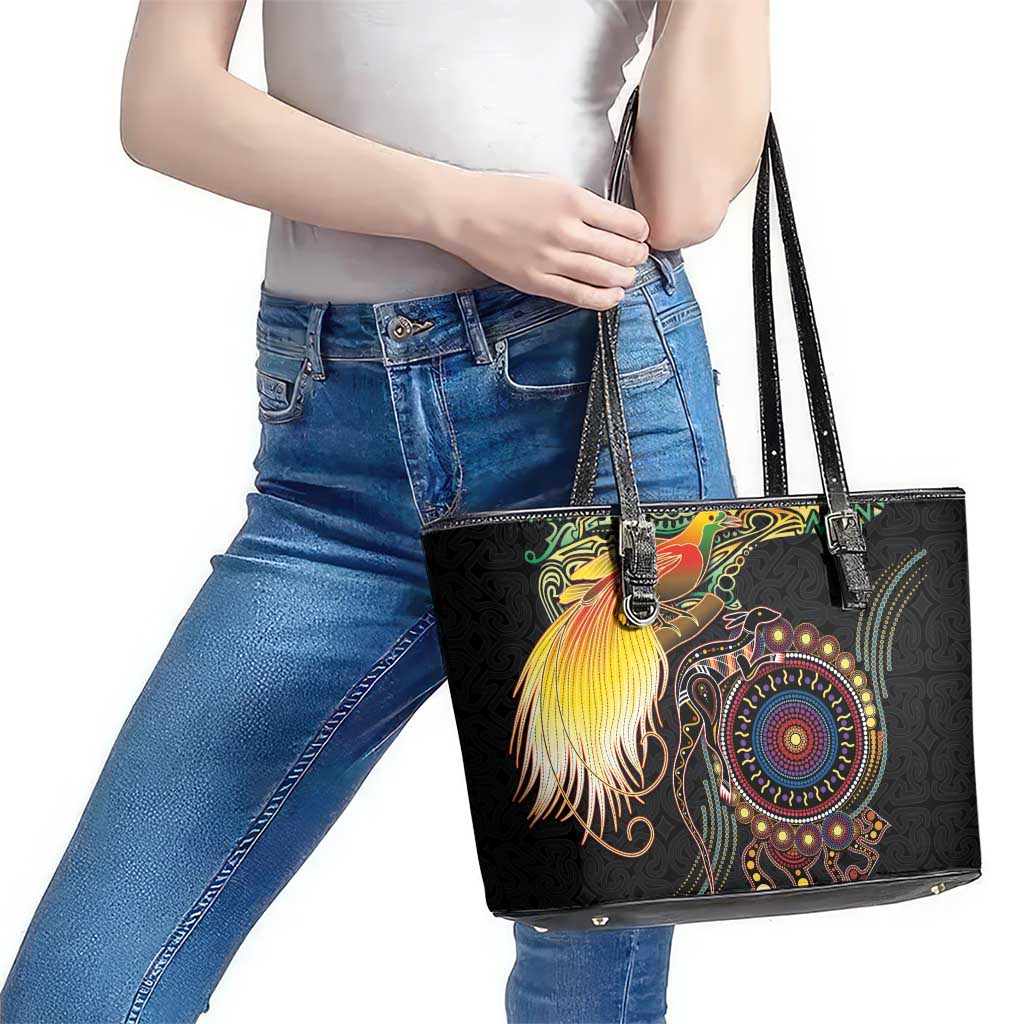 Papua New Guinea and Australia Together Leather Tote Bag Bird of Paradise and Kangaroo Melanesian Aboriginal Motifs - Polynesian Pride