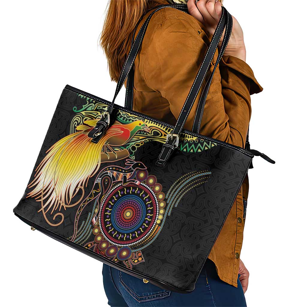 Papua New Guinea and Australia Together Leather Tote Bag Bird of Paradise and Kangaroo Melanesian Aboriginal Motifs - Polynesian Pride