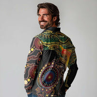 Papua New Guinea and Australia Together Long Sleeve Polo Shirt Bird of Paradise and Kangaroo Melanesian Aboriginal Motifs - Polynesian Pride