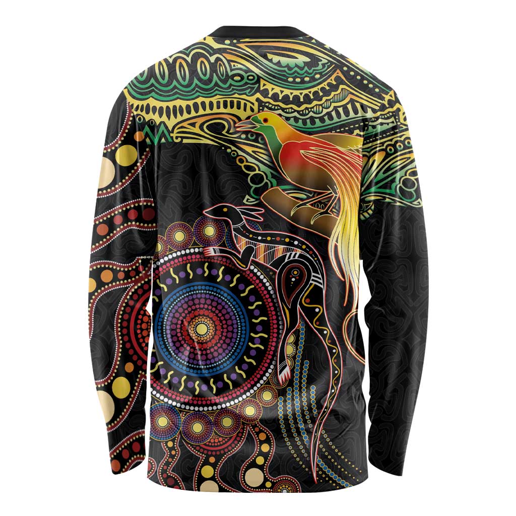 Papua New Guinea and Australia Together Long Sleeve Shirt Bird of Paradise and Kangaroo Melanesian Aboriginal Motifs LT03 - Polynesian Pride