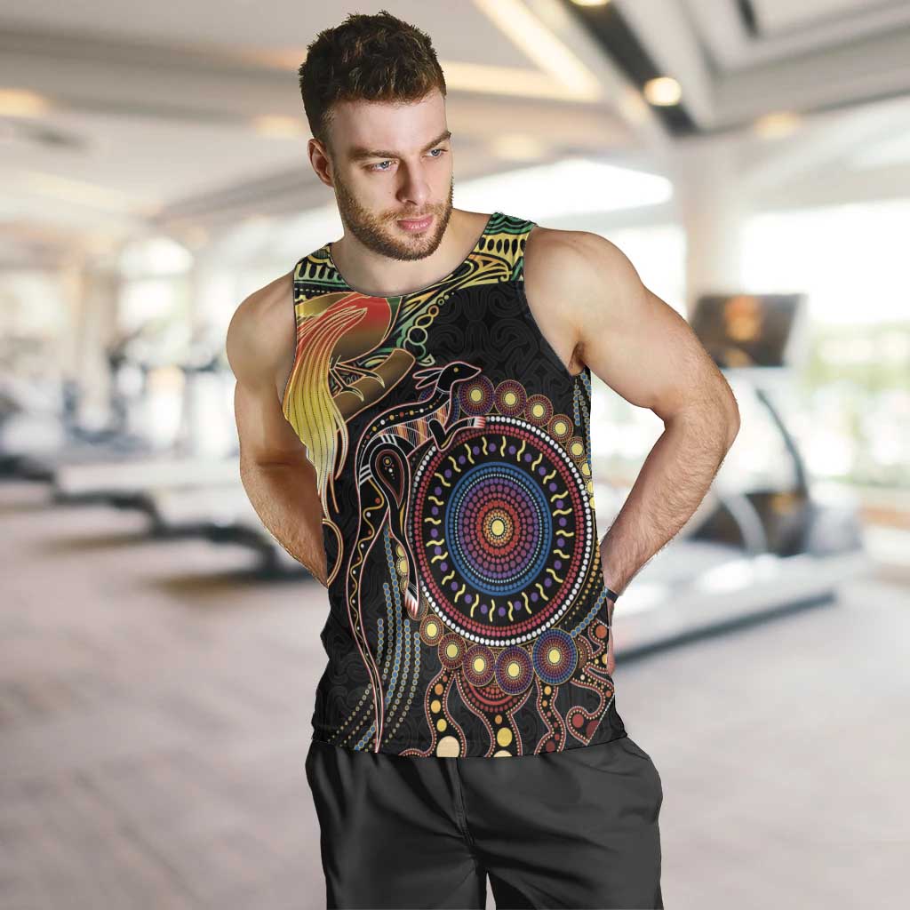 Papua New Guinea and Australia Together Men Tank Top Bird of Paradise and Kangaroo Melanesian Aboriginal Motifs LT03 Black - Polynesian Pride