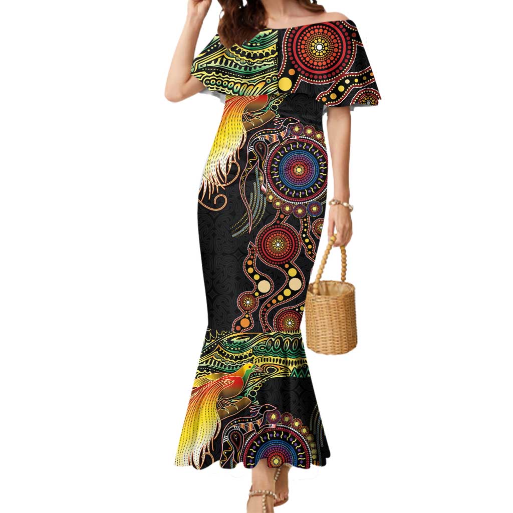 Papua New Guinea and Australia Together Mermaid Dress Bird of Paradise and Kangaroo Melanesian Aboriginal Motifs LT03 Women Black - Polynesian Pride