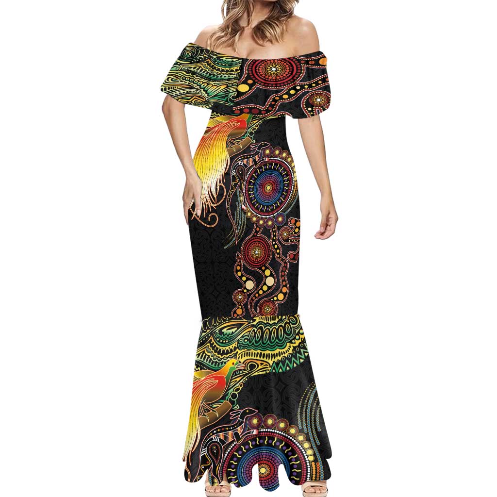 Papua New Guinea and Australia Together Mermaid Dress Bird of Paradise and Kangaroo Melanesian Aboriginal Motifs LT03 - Polynesian Pride