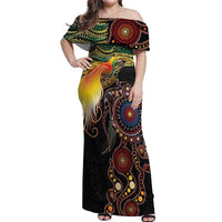 Papua New Guinea and Australia Together Off Shoulder Maxi Dress Bird of Paradise and Kangaroo Melanesian Aboriginal Motifs LT03 Women Black - Polynesian Pride