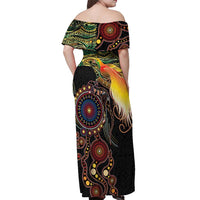 Papua New Guinea and Australia Together Off Shoulder Maxi Dress Bird of Paradise and Kangaroo Melanesian Aboriginal Motifs LT03 - Polynesian Pride