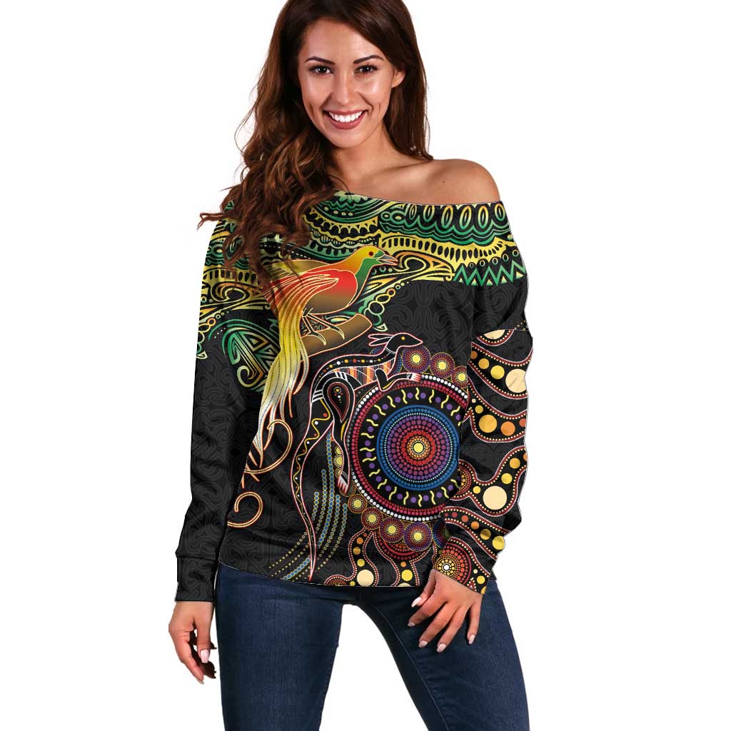 Papua New Guinea and Australia Together Off Shoulder Sweater Bird of Paradise and Kangaroo Melanesian Aboriginal Motifs LT03 Women Black - Polynesian Pride