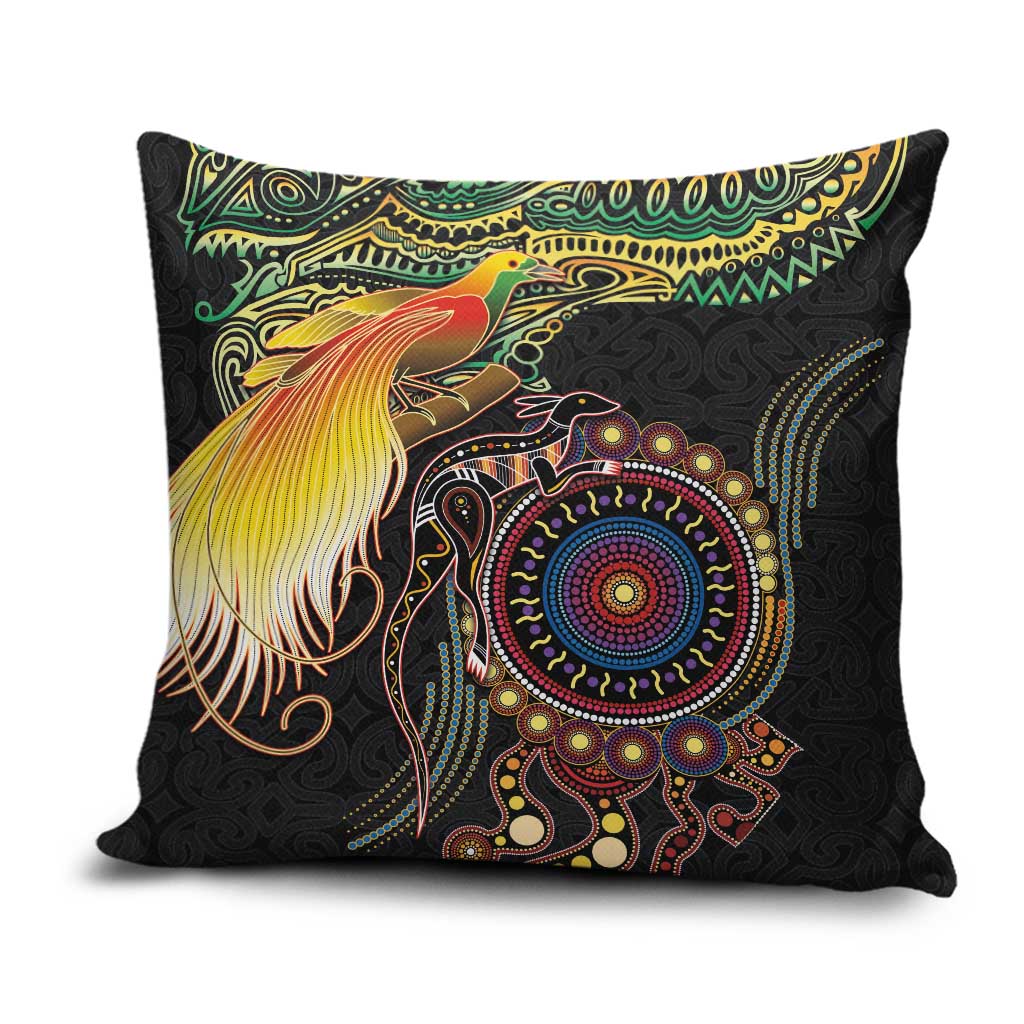 Papua New Guinea and Australia Together Pillow Cover Bird of Paradise and Kangaroo Melanesian Aboriginal Motifs - Polynesian Pride