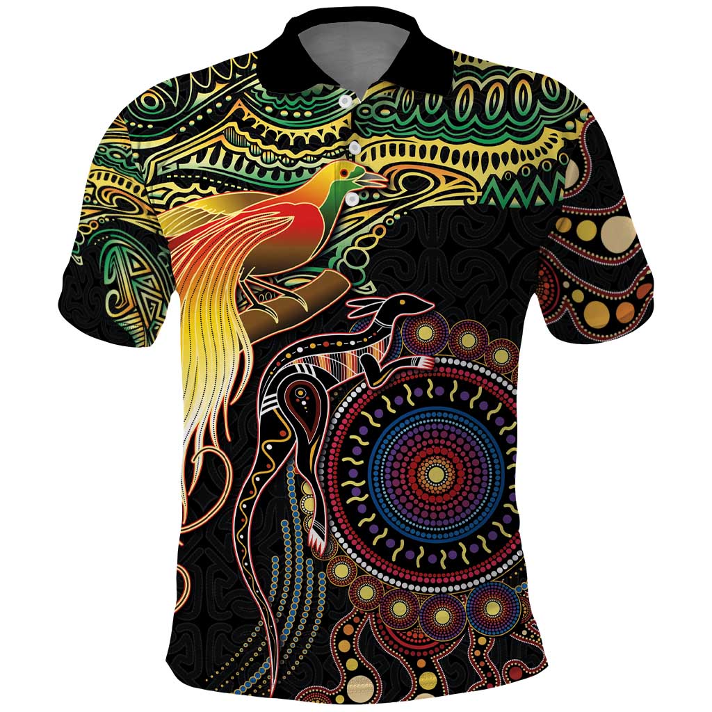 Papua New Guinea and Australia Together Polo Shirt Bird of Paradise and Kangaroo Melanesian Aboriginal Motifs - Polynesian Pride