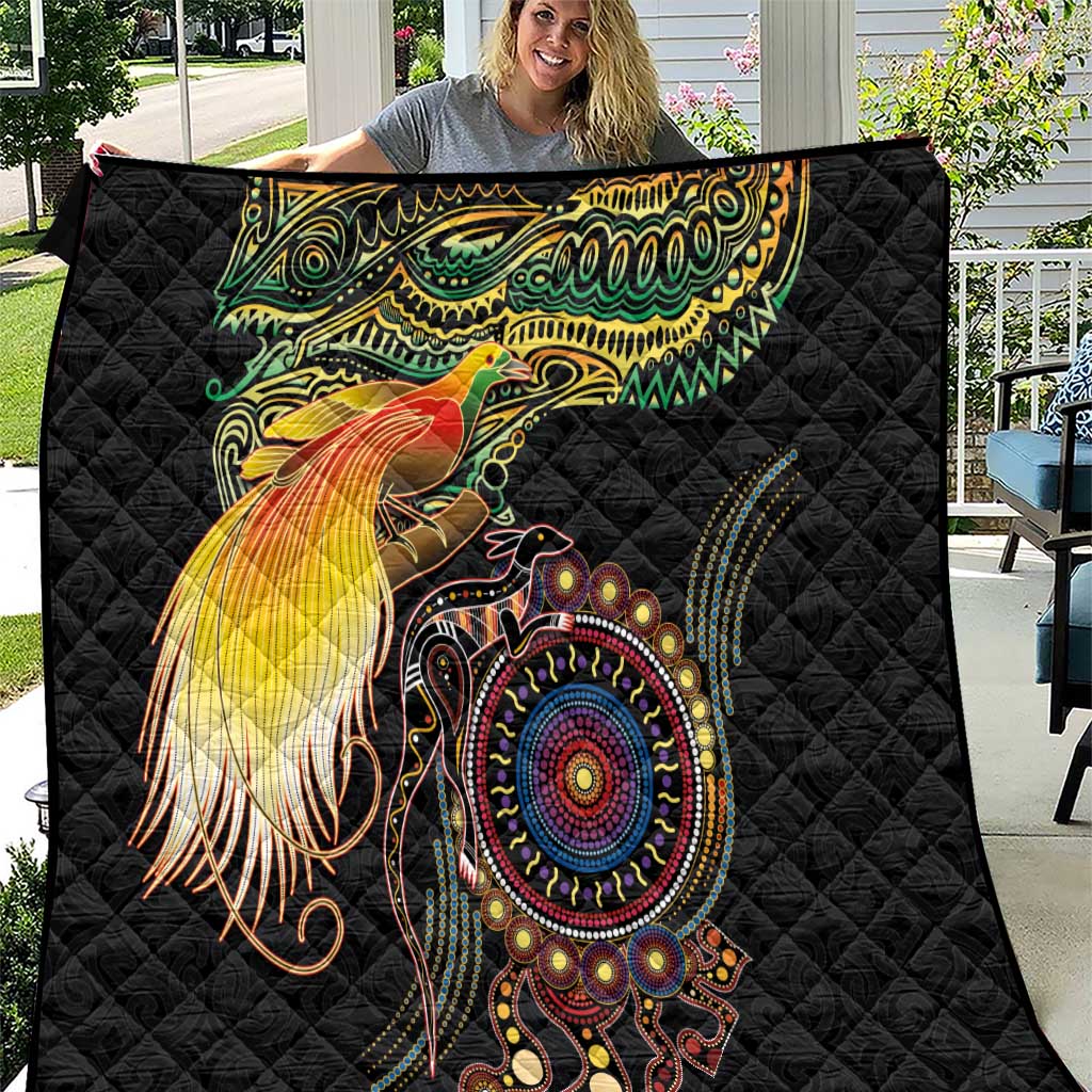 Papua New Guinea and Australia Together Quilt Bird of Paradise and Kangaroo Melanesian Aboriginal Motifs LT03 Black - Polynesian Pride