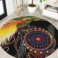 Papua New Guinea and Australia Together Round Carpet Bird of Paradise and Kangaroo Melanesian Aboriginal Motifs LT03 Black - Polynesian Pride