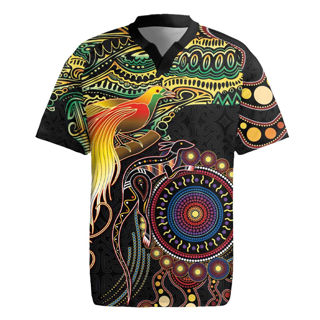 Papua New Guinea and Australia Together Rugby Jersey Bird of Paradise and Kangaroo Melanesian Aboriginal Motifs - Polynesian Pride